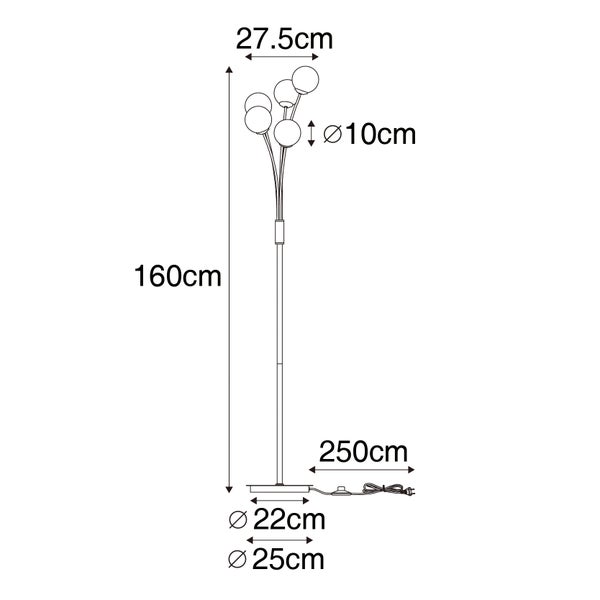 Technische Zeichnung einer Stehlampe mit den Maßen 160 cm Höhe und 27,5 cm Breite.