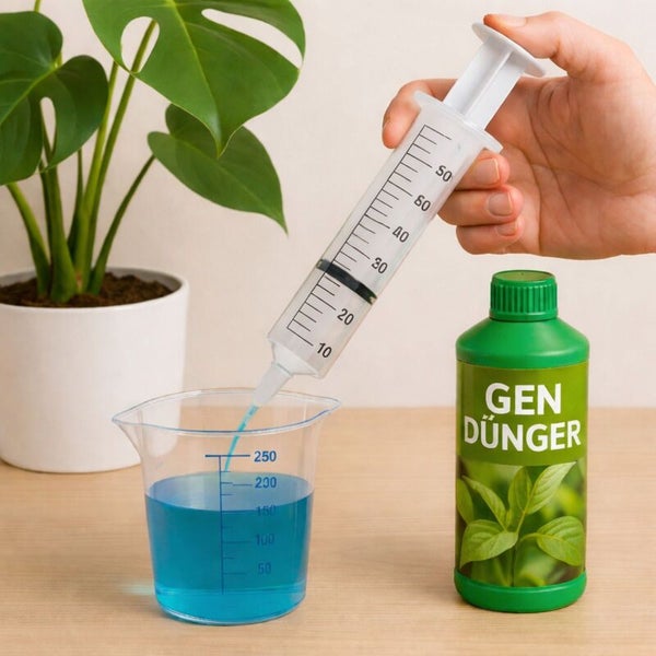 Hand dosiert mit einer Kunststoffspritze blauen Flüssigdünger in einen Messbecher neben einer grünen Monstera in einem weißen Topf.