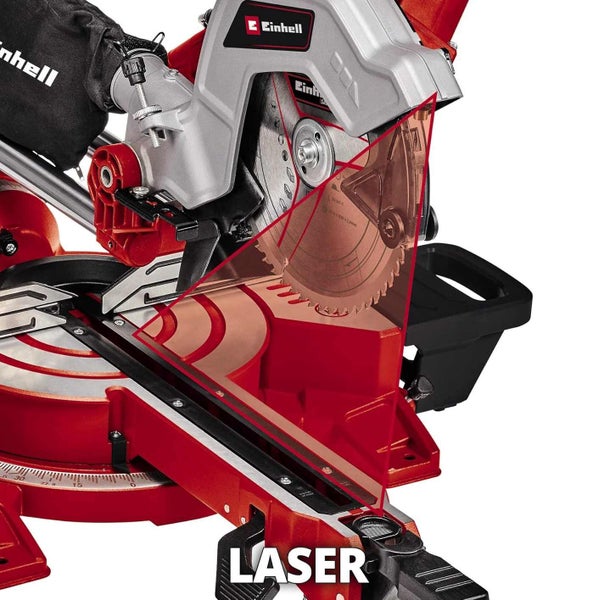 Einhell Kapp-Gehrungssäge mit integrierter Laserführung zur präzisen Anzeige der Schnittlinie.