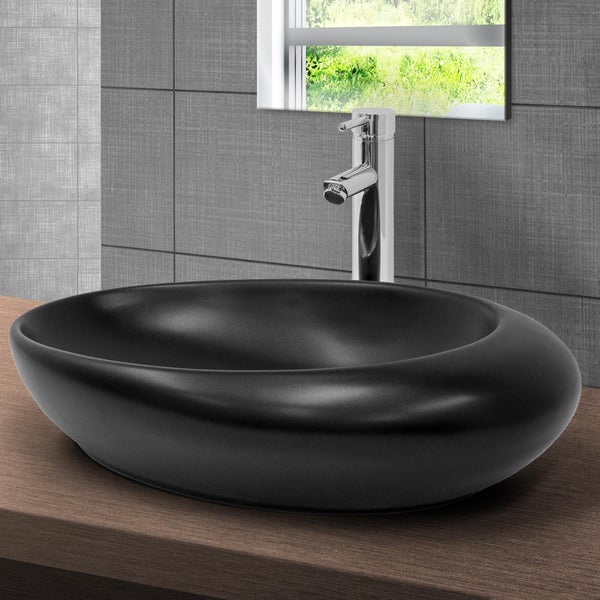 ML-Design Waschbecken Keramik Schwarz matt 58,5x37,5x14,5 cm mit Ablaufgarnitur, Kieselstein Form, Ovale Aufsatzwaschbecken, Moderne Waschtisch, Waschschale Waschplatz Handwaschbecken, für Badezimmer