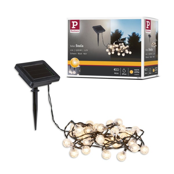 Technische Zeichnung der Solar Lichterkette mit Erdspieß und Solarpanel inklusive Maßangaben für Länge und Breite.