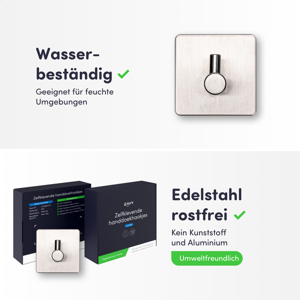 Eavy selbstklebende Handtuchhaken im 4er-Set aus rostfreiem Edelstahl, wasserbeständig für feuchte Umgebungen und umweltfreundlich ohne Kunststoff.