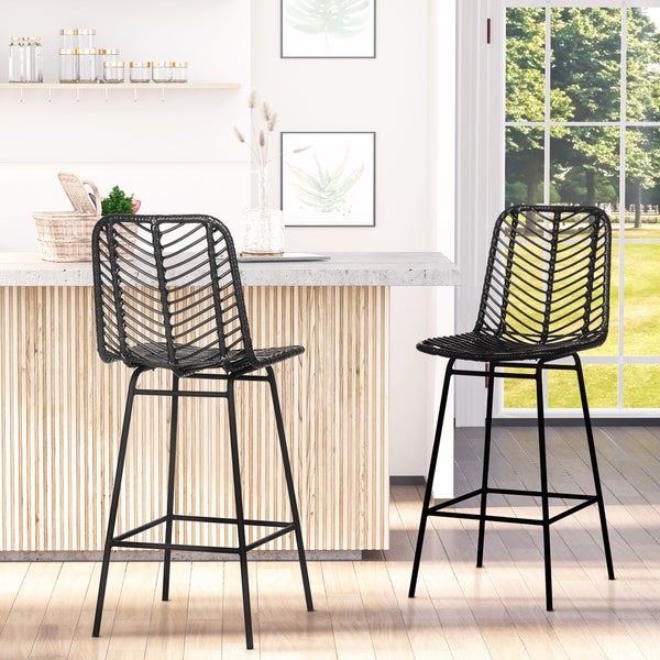 HOMCOM Barhocker 2er Set, Barstuhl mit Gestell aus Kunstrattan, Rückenlehne, Küchenstühle mit integrierter Fußstütze, Tresenhocker für Küche, Wohnzimmer, Esszimmer, Boho-Stil, Schwarz