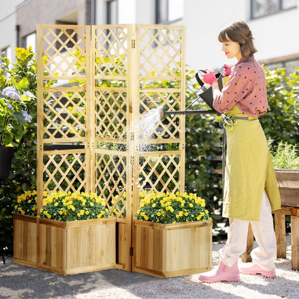 Outsunny Hochbeet mit Klappbarem Spalier, Pflanzkasten mit Sichtschutz, 133 x 165 cm Raumteiler mit 4 Blumenkasten, Raumtrenner für Balkon, Tannenholz, Natur