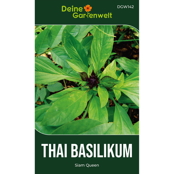 Samentüte für Thai Basilikum Siam Queen mit Abbildung der Pflanze und Deine Gartenwelt Logo.
