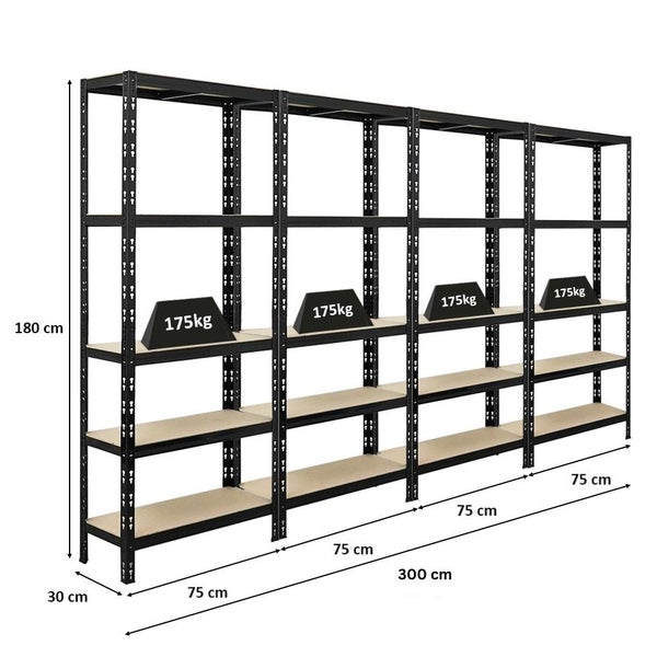 PROREGAL Mega Deal 4x Schwerlastregal APOLLO HxBxT 180 x 75 x 30 cm Fachlast 175kg Schwarz