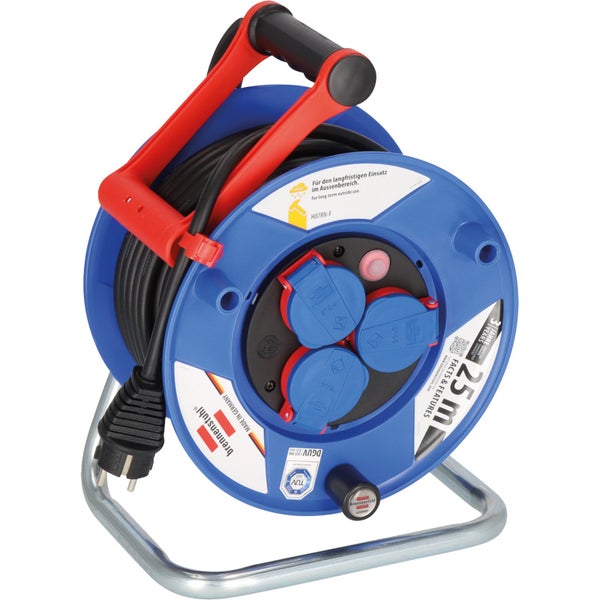 Brennstuhl Kabeltrommel mit 25 Meter Kabel, drei Steckdosen und Tragegriff