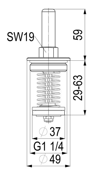 Technische Zeichnung eines Ablaufventils mit Maßen: Höhe 59, Verstellbereich 29 bis 63, Durchmesser 37 und 49 sowie Gewinde G 1 1/4.