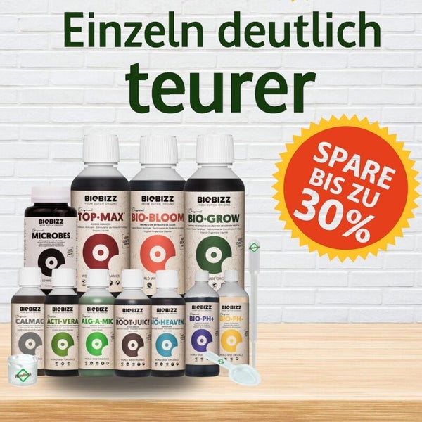 Biobizz Düngemittelset mit Top-Max, Bio-Bloom, Bio-Grow und weiteren Zusätzen. Sparen Sie bis zu 30 Prozent gegenüber dem Einzelkauf.
