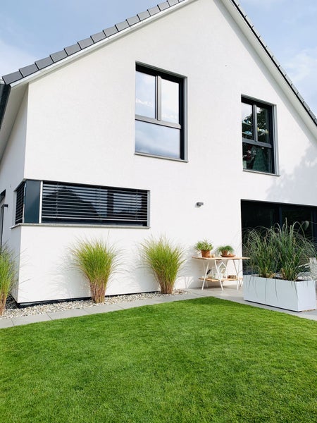 Modernes weißes Einfamilienhaus mit anthrazitfarbenen Fenstern, Außenraffstores, grünem Rasen und Ziergräsern.