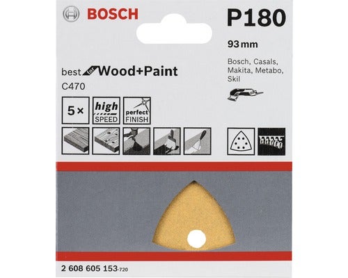 Bosch P180 Schleifblätter für Holz und Farbe, 93 mm, 5 Stück