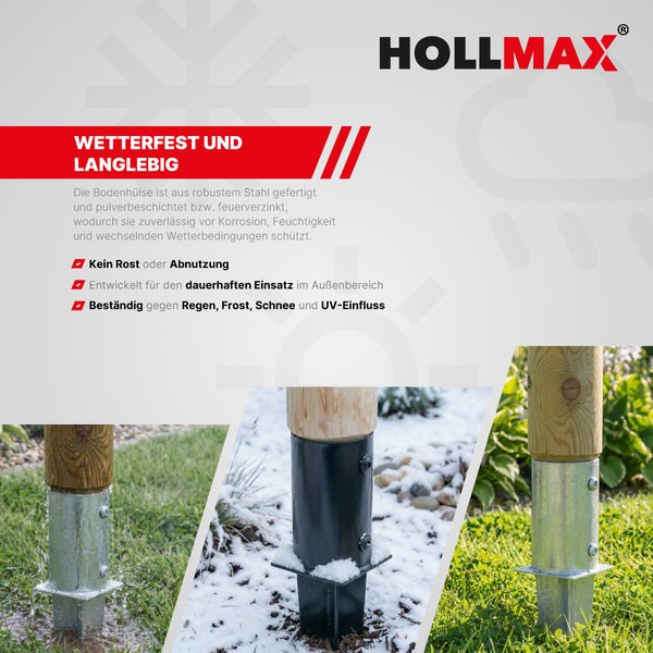 HOLLMAX Logo. Wetterfeste Bodenhülsen aus Stahl für den Außenbereich, gezeigt bei Regen, Schnee und Sonnenschein. Korrosionsbeständig und langlebig.