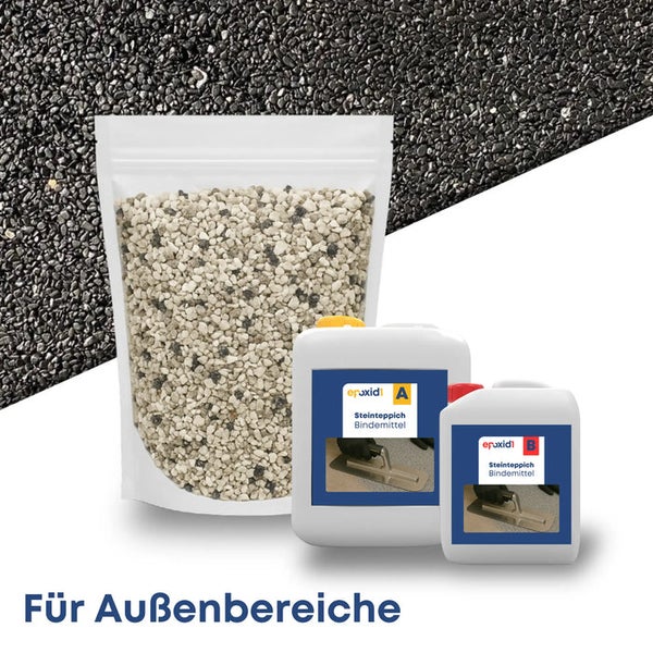Set für Steinteppich im Außenbereich bestehend aus Naturstein und Epoxidharz-Bindemittel.
