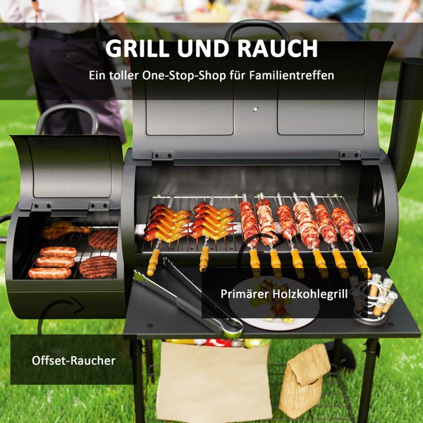 Outsunny Holzkohlegrill aus Stahl BBQ Smoker mit Deckel Thermometer Räder Ablage fahrbar Grillwagen mit Luftzufuhr Kohlewanne, Kohlegrill Kohlegrillwagen für Barbeque Camping, Garten 109x60x120 cm