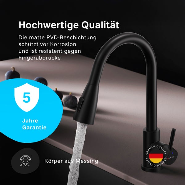Schwarzer Wasserhahn mit flexibler PVD-Beschichtung, Korrosionsschutz, Fingerabdruckschutz, fünf Jahre Garantie, Messingkörper und German Quality Siegel