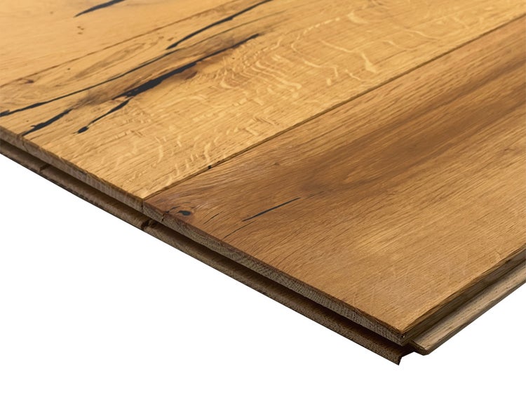 Parkett-Landhausdiele aus Holz mit Maserung und Nut-Feder-Verbindung.