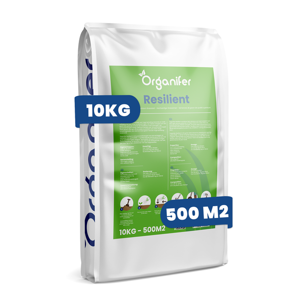Packung mit Organifer Resilient Rasensamen Mischung, 10 Kilogramm für 500 Quadratmeter.
