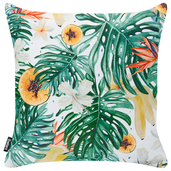 Zierkissen mit tropischem Muster aus Monstera Blättern, exotischen Blumen und Früchten