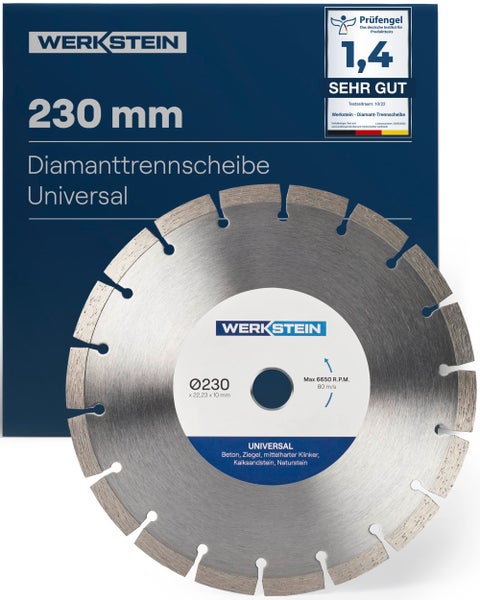 WERKSTEIN Extrem langlebige Diamantscheibe 230mm x 22,23mm x 10mm I Universal Diamanttrennscheibe 230 mm zum Schneiden von Stein, Beton, Ziegel uvm. I Trennscheibe 230 Beton für Winkelschleifer