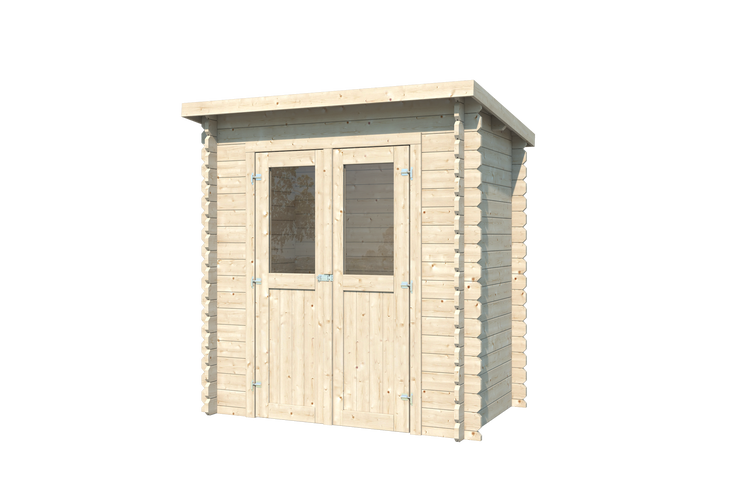 Gartenhaus aus Holz mit Doppeltür und zwei Fenstern, Pultdach.
