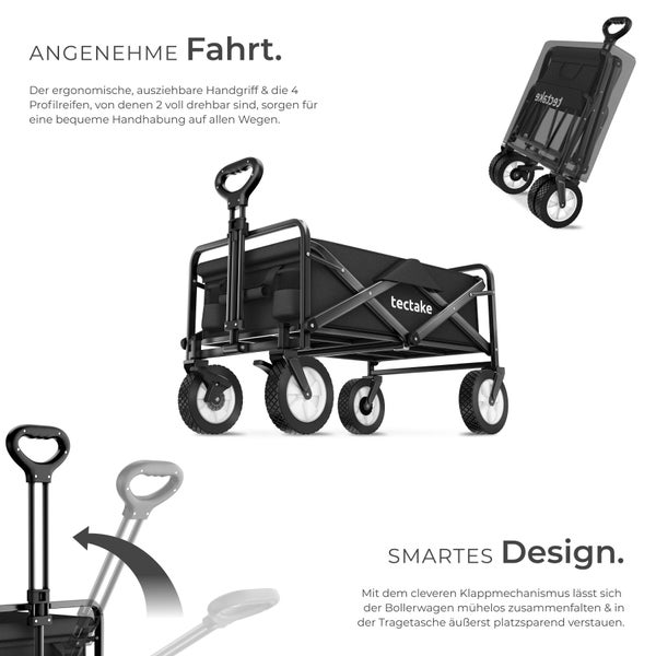 Faltbarer Bollerwagen von Tectake mit ausziehbarem Handgriff, vier Profilreifen, klappbarem Metallrahmen und Transporttasche für einfachen Transport.