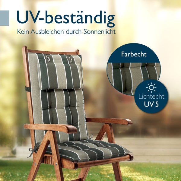 Gestreifte, UV-beständige und farbechte Gartenstuhlauflage, kein Ausbleichen durch Sonnenlicht, Lichtechtheit Stufe 5.