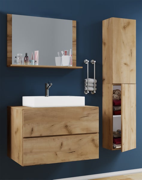 Modernes Badezimmermöbel-Set in Holzoptik mit Waschtisch, weißem Aufsatzwaschbecken, Spiegel mit Ablage und schmalem Hochschrank.