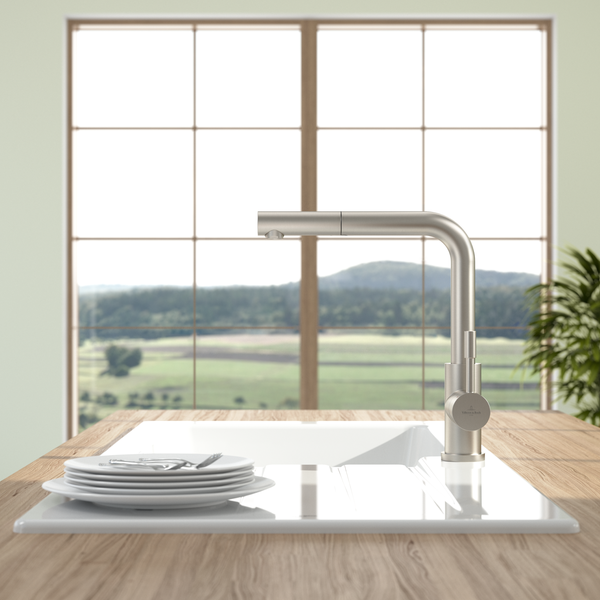 Villeroy & Boch Küchenarmatur Steel Shower, Hochdruck-Armatur, ausziehbare Brause, wassersparend, Edelstahl massiv