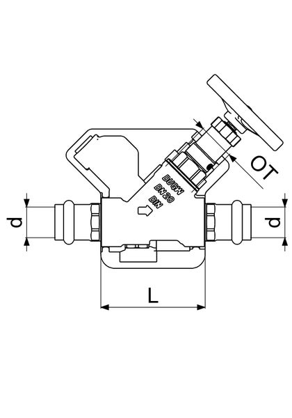 Technische Zeichnung eines Schrägsitzventils mit Maßangaben für Durchmesser und Länge sowie Zertifizierungskennzeichen.