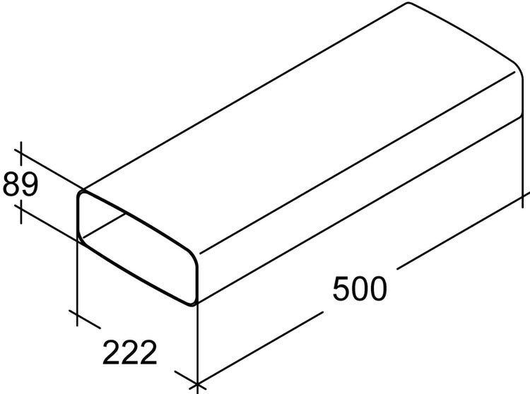 Technische Zeichnung eines Flachkanals mit den Maßen 222 mal 89 Millimeter und einer Länge von 500 Millimeter für Lüftungssysteme.