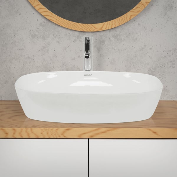 ECD Germany Waschbecken Waschtisch 605x380x140 mm aus Keramik Oval Weiß - Aufsatzbecken Aufsatzwaschbecken Handwaschbecken Aufsatzwaschtisch Spülbecken Becken Wasserfall Waschschale Waschschüssel