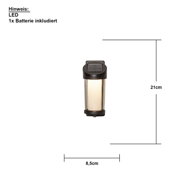 Solarleuchte mit LED und Batterie, circa 21 cm hoch und 8,5 cm breit