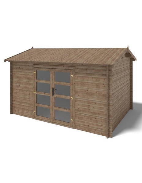 Gartenhaus aus Holz mit Satteldach und Doppeltür mit Glaseinsätzen