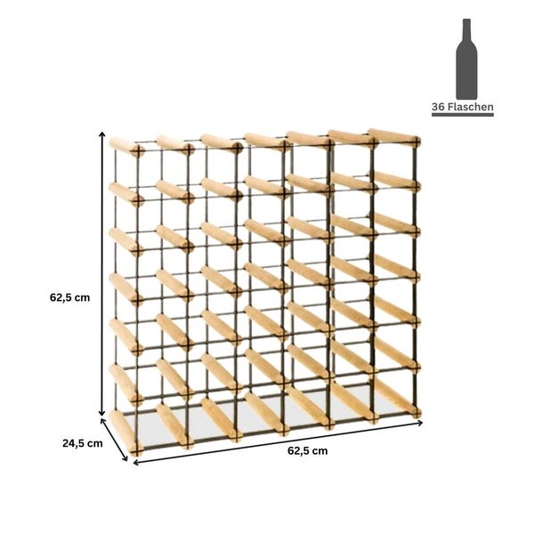 PROREGAL Modulares Weinregal Vinotega Mod Metal HxBxT 62,5 x 62,5 x 24,5 cm 6 x 6 Flaschen Massives Kiefernholz Natur