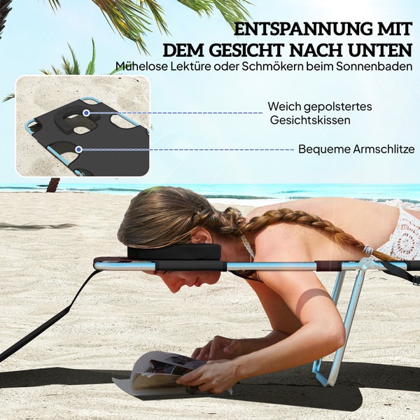Produktdetails einer Gartenliege mit atmungsaktivem Oxford-Gewebe, stabilem Stahlrahmen, weichem Kopfkissen und Seitentasche.