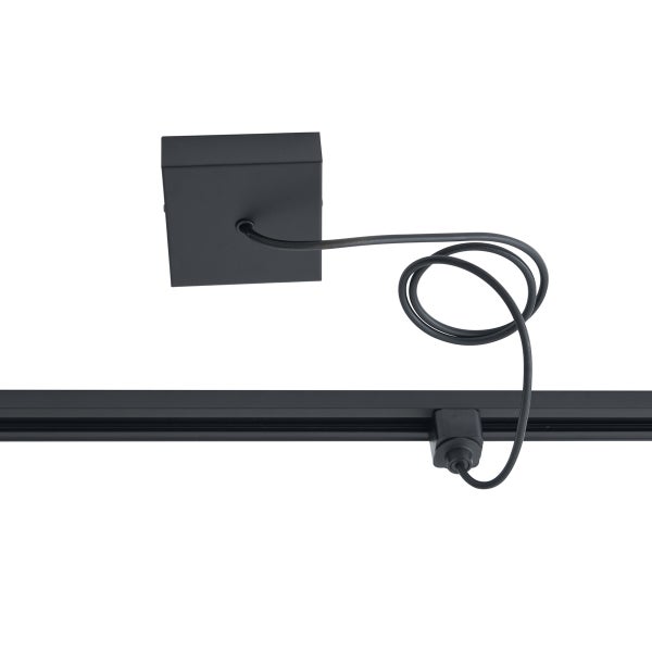 Schwarzes Stromschienensystem mit Deckenhalterung und Kabel