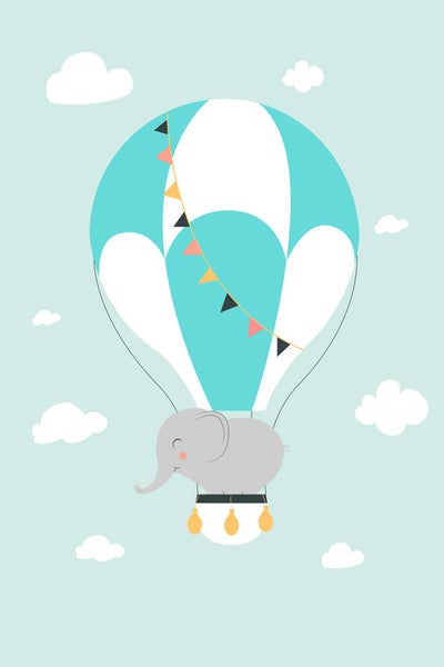 Illustration eines Elefanten in einem Heißluftballon mit Wimpelkette
