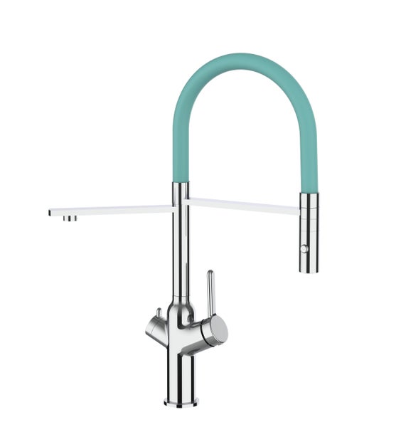 3 Wege Wasserhahn Küchenarmatur, BOD, mit 360° schwenkbarem Auslauf, abnehmbare 2 strahl Handbrause, Verchromt / Türkis