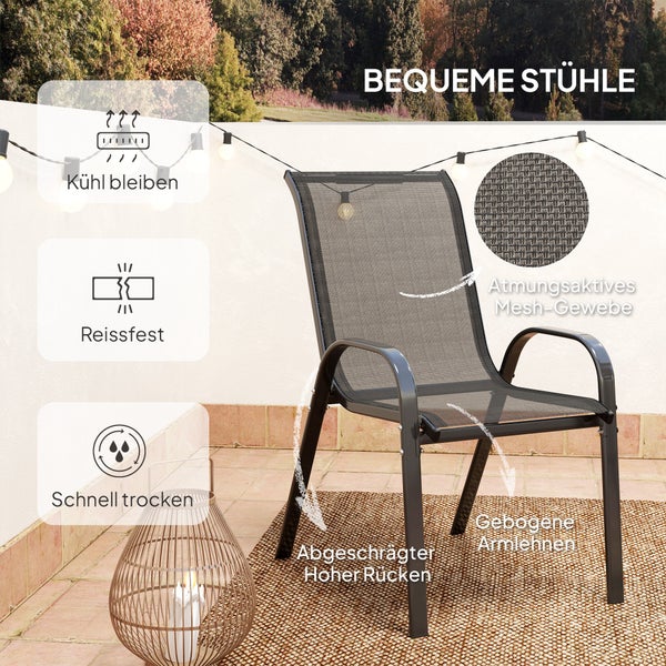 Reißfester, schnell trocknender Gartenstuhl mit hoher Rückenlehne, gebogenen Armlehnen und atmungsaktivem Mesh-Gewebe auf einer Terrasse.