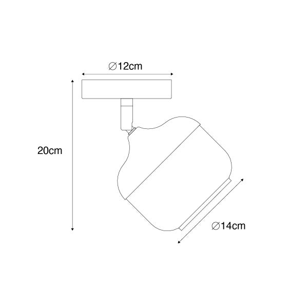 Skizze einer Deckenleuchte mit den Maßen: 12 cm Durchmesser der Deckenhalterung, 14 cm Durchmesser des Leuchtenkopfes, 20 cm Gesamthöhe