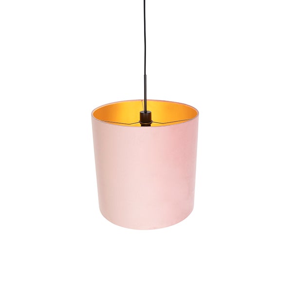 Pendelleuchte mit zylindrischem Schirm aus rosa Samt und goldener Innenseite