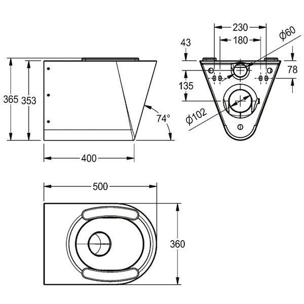 Technische Zeichnung eines Wand WCs mit Bemaßungen in Millimeter zur Montageplanung.