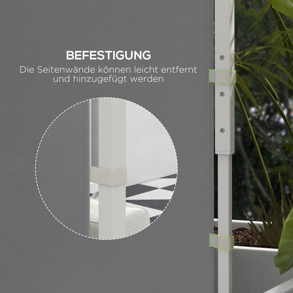 Befestigung einer grauen Pavillon-Seitenwand am weißen Rahmen mittels Klettverschluss in einer Detailansicht.
