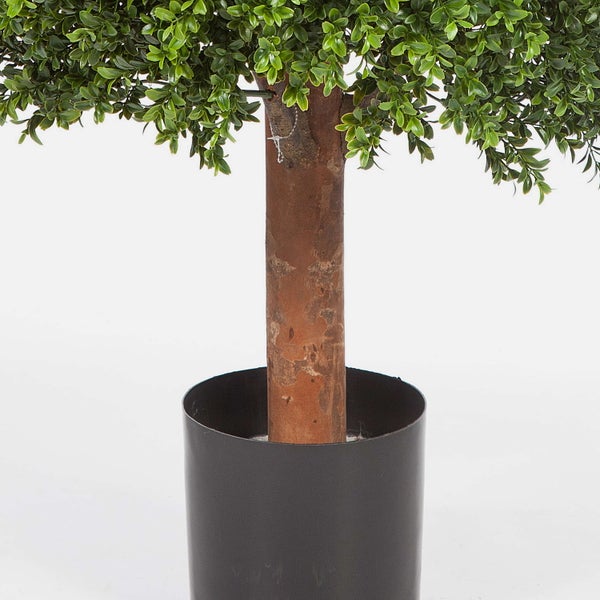 Künstlicher Buchsbaum mit naturgetreuem Stamm in einem schwarzen Kunststofftopf.