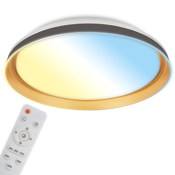 Runde LED-Deckenleuchte mit Fernbedienung, einstellbare Farbtemperatur von Warmweiß bis Tageslichtweiß, goldfarbenes Innendesign.