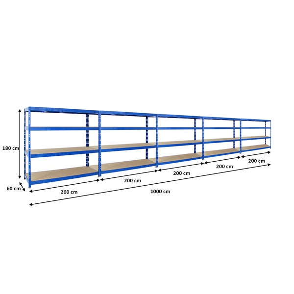 PROREGAL Mega Deal 5x Profi Schwerlastregal Rhino HxBxT 180 x 200 x 60 cm 4 Spanplatten-Ebenen 16mm Fachlast 500 kg Blau