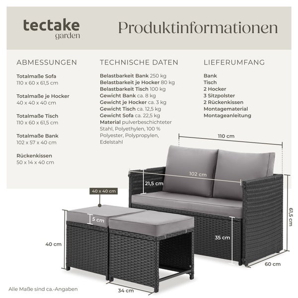 Infografik für ein Garten-Lounge-Set von tectake garden mit Abmessungen in Zentimetern, technischen Daten zur Belastbarkeit und dem Lieferumfang.
