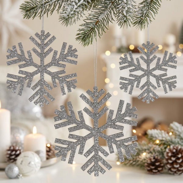 Drei hängende Weihnachtsschneeflocken als dekorativer Christbaumschmuck aus Kunststoff für die winterliche Dekoration.
