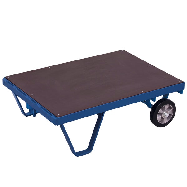 Blauer Plattformwagen mit dunkelbrauner Holzladefläche und zwei Rädern.