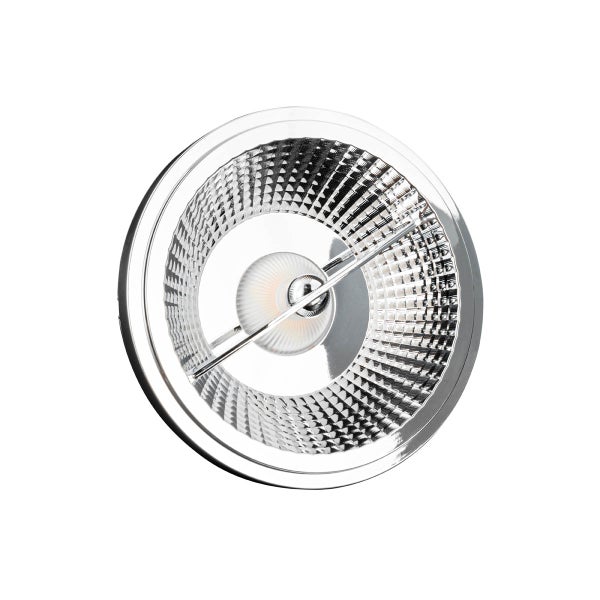 Runde LED-Reflektorlampe mit facettiertem Reflektor und silbernem Metallsteg.